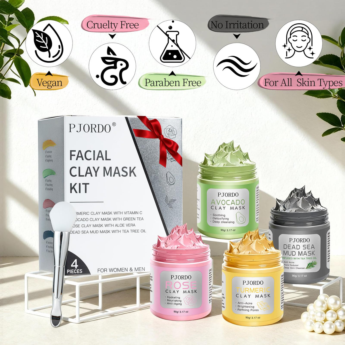 Pjordo lifestyle spa setting with masks and towel conveying relaxing home facial routine