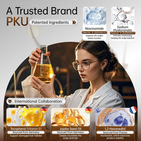 PKU spray applied to scalp showing targeted coverage and easy leave-in wear