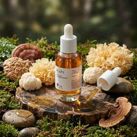 P'LAB jar staged with ampoule to show nutrient-rich botanical distillate benefits