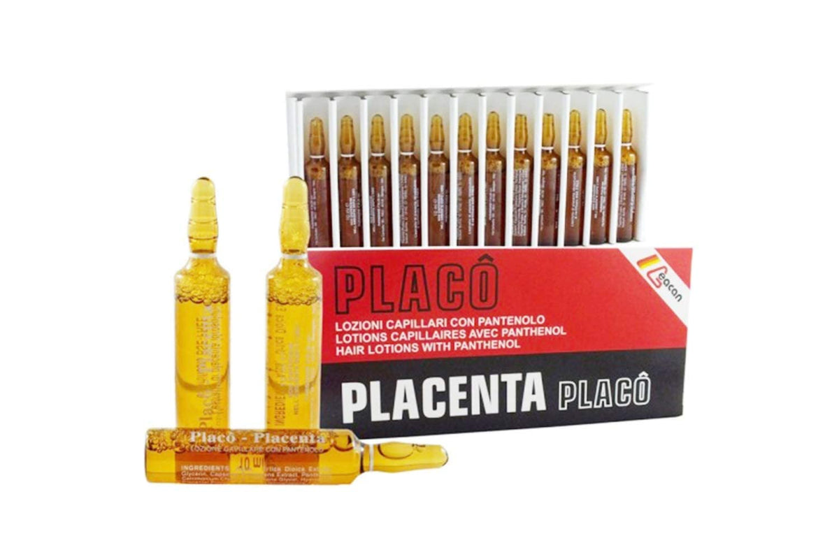 Placenta Placo front packaging showing box and ampoules, highlights professional treatment