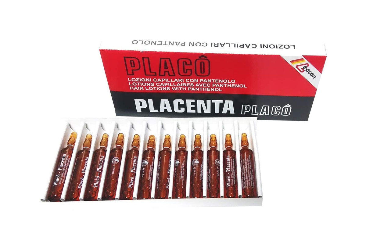 Placenta Placo ingredients display nettle collagen panthenol, emphasizes restorative blend