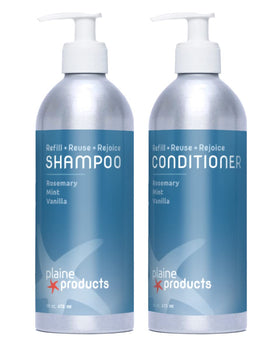 Plaine Products front packaging showing refillable aluminum bottles and eco benefits