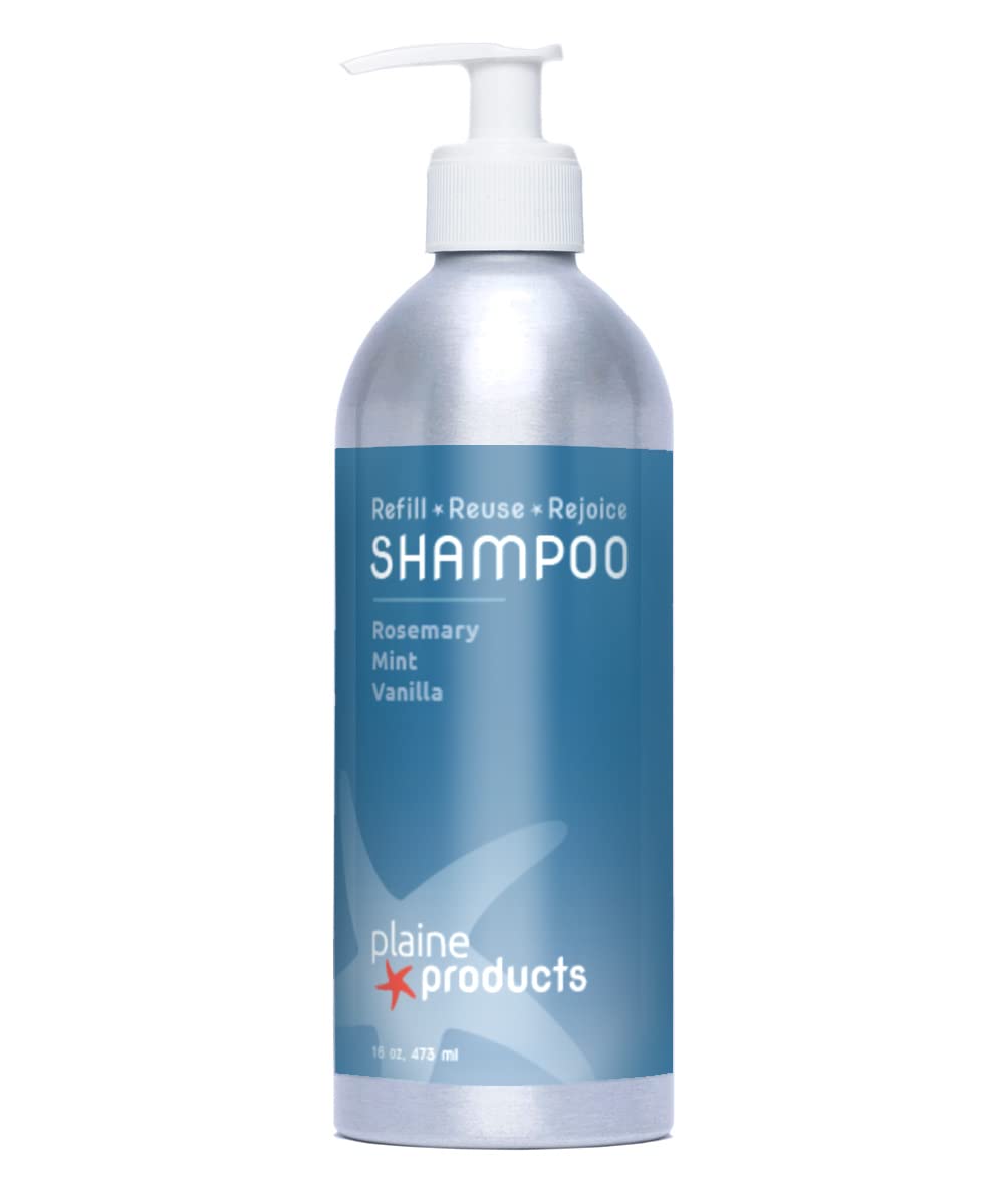 Plaine Products rosemary mint vanilla front bottle showcasing refillable design and eco benefit