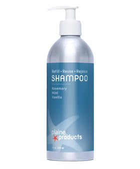 Plaine Products rosemary mint vanilla front bottle showcasing refillable design and eco benefit