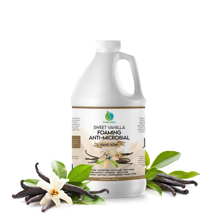Plainly Earth front label on 64 oz refill showing product identity and benefits
