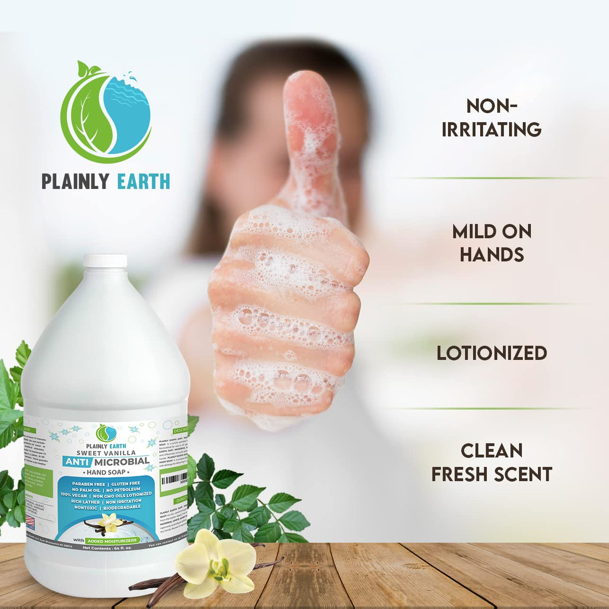Plainly Earth gallon next to an adult hand to show size and long-lasting supply