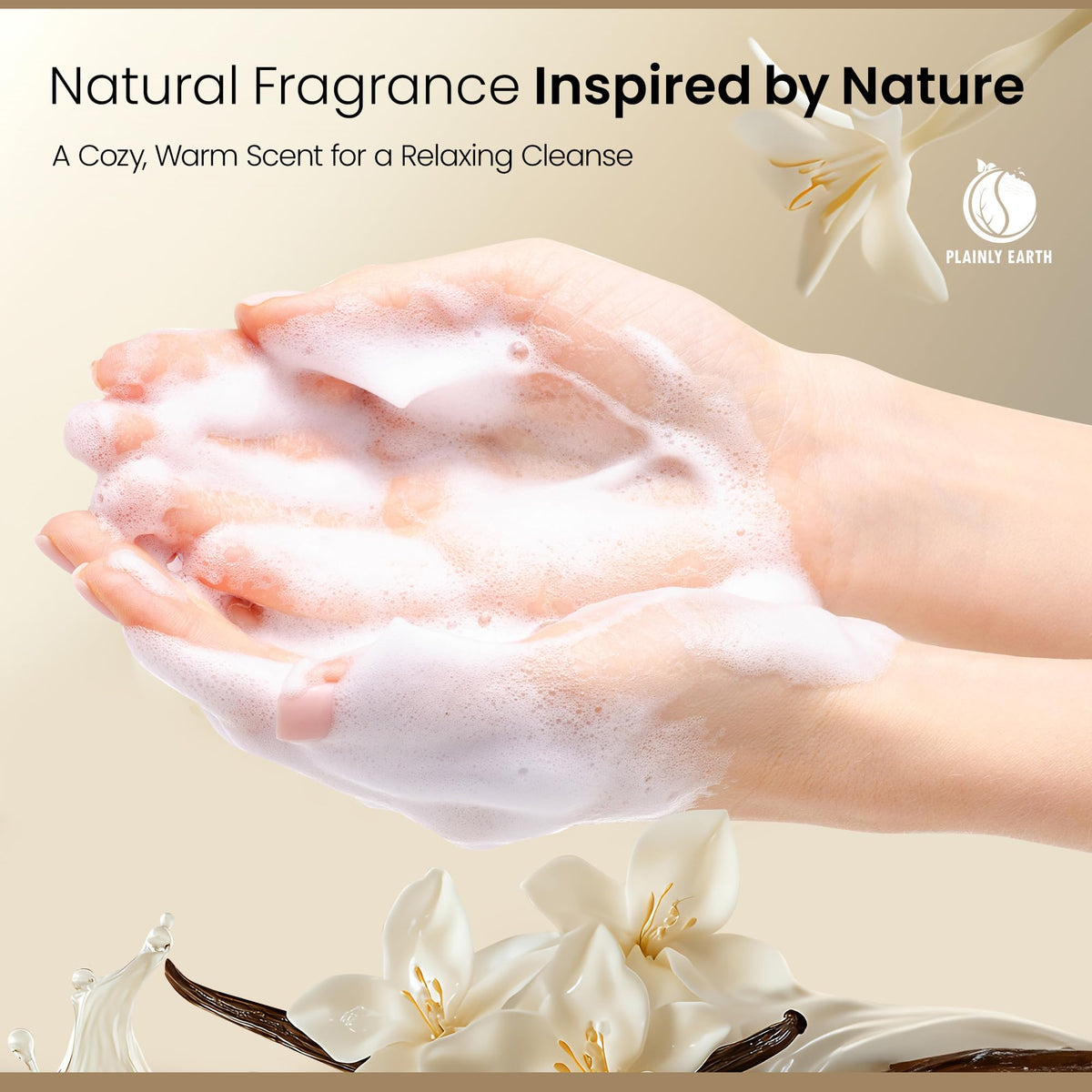 Plainly Earth vanilla notes visual representing calming scent and pleasant wash