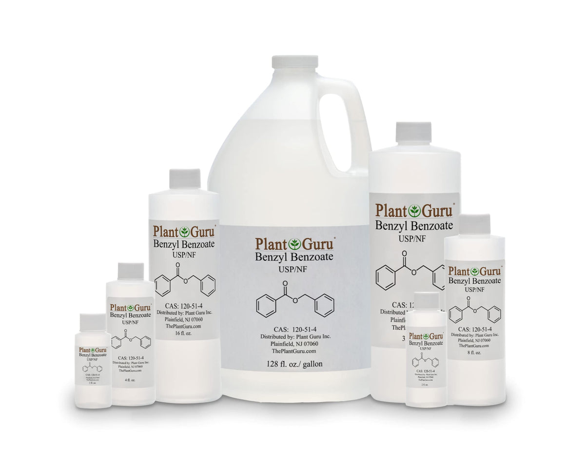 Plant Guru benzyl benzoate clear liquid close-up highlighting purity benefit