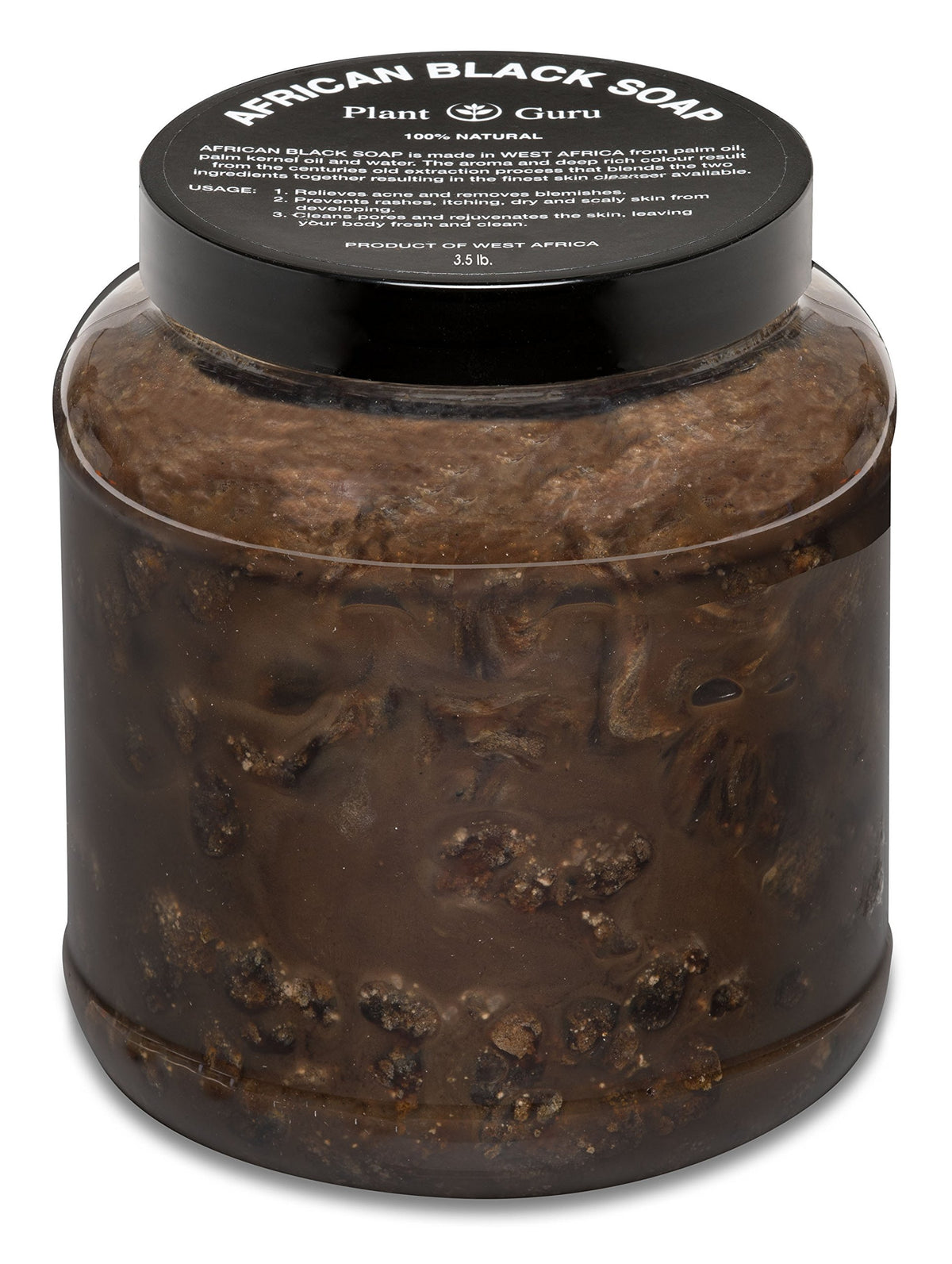 Plant Guru front tub showing raw African black soap paste and bulk value