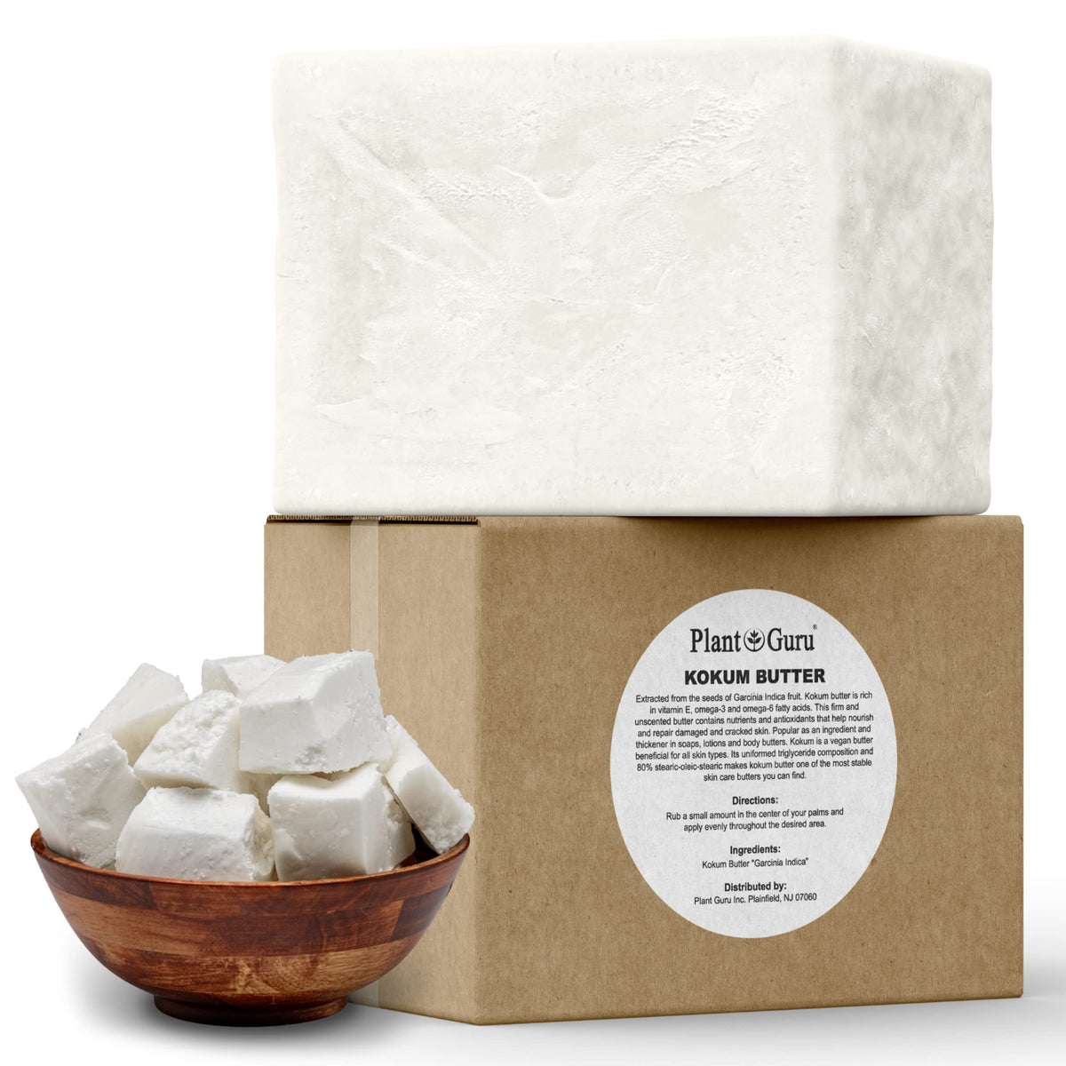 Plant Guru front packaging showing 5 lb kokum butter and clear labeling benefit
