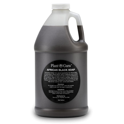 Plant Guru front label on half-gallon liquid black soap highlighting natural ingredients