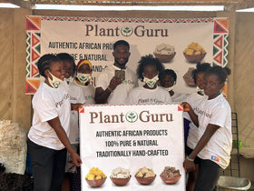 Plant Guru natural ingredients arrangement showing cocoa, plantain skins and oils authenticity benefit