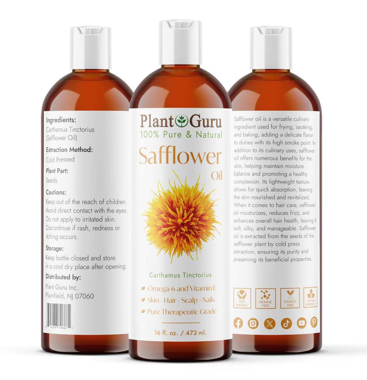 Plant Guru pouring safflower oil close-up showing smooth pour for easy blending