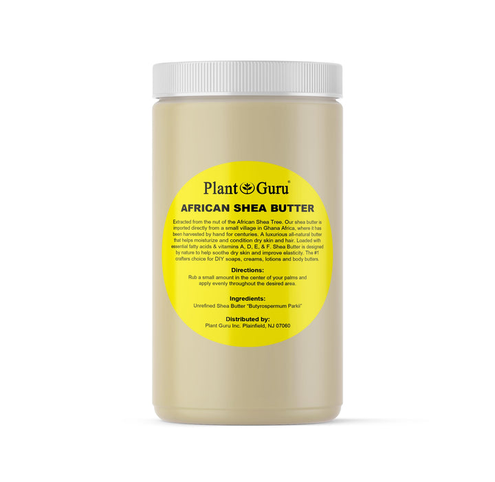 Plant Guru front jar showing 32 oz bulk shea butter and clean packaging for storage