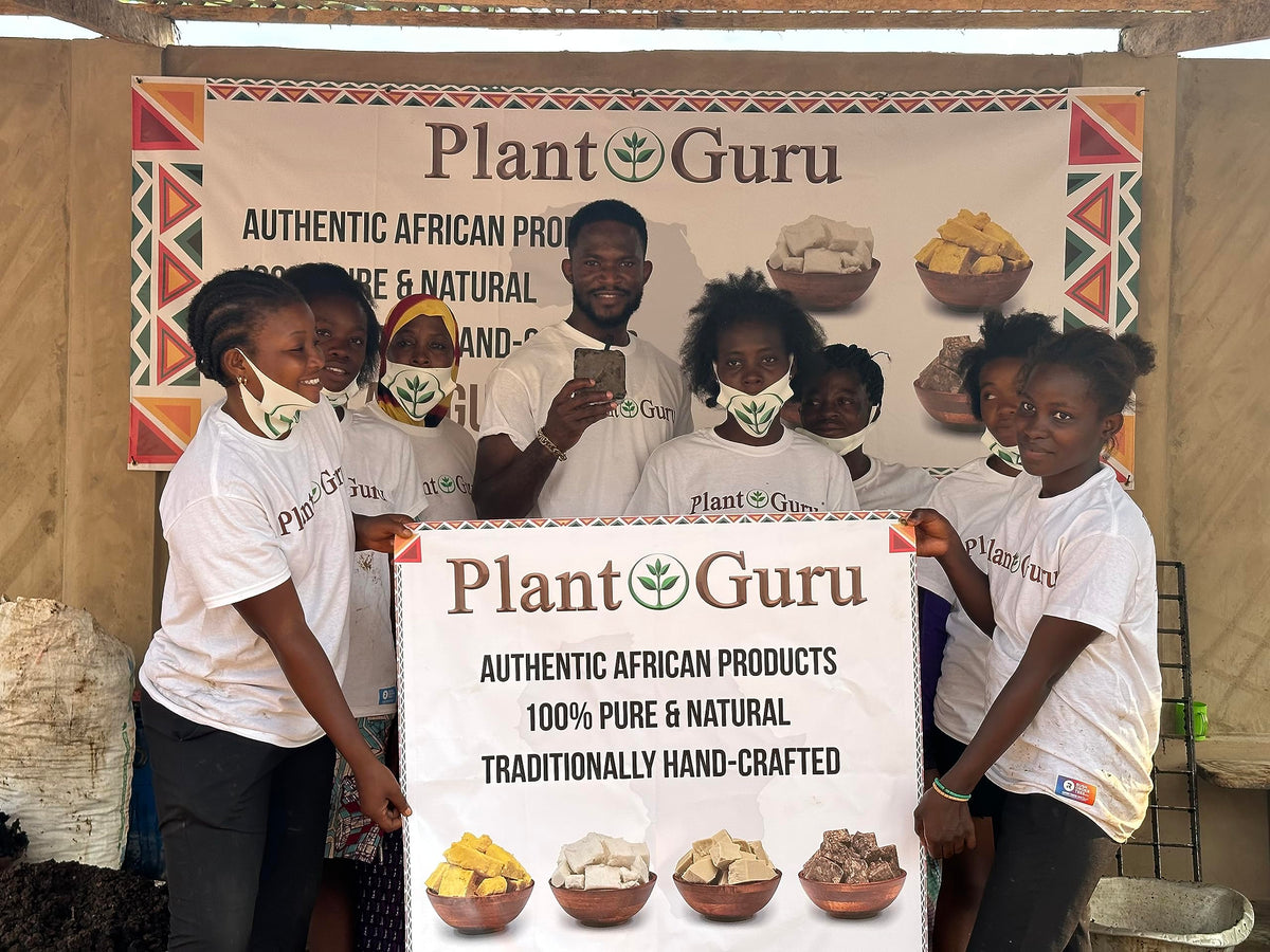 Plant Guru product beside shea and cocoa highlighting natural enrichment benefit