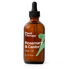 Plant Therapy bottle front view showing rosemary and castor oil blend for scalp nourishment