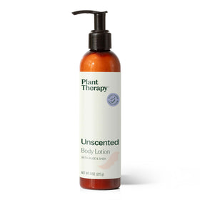 Plant Therapy front bottle view showing clean unscented lotion packaging and benefits