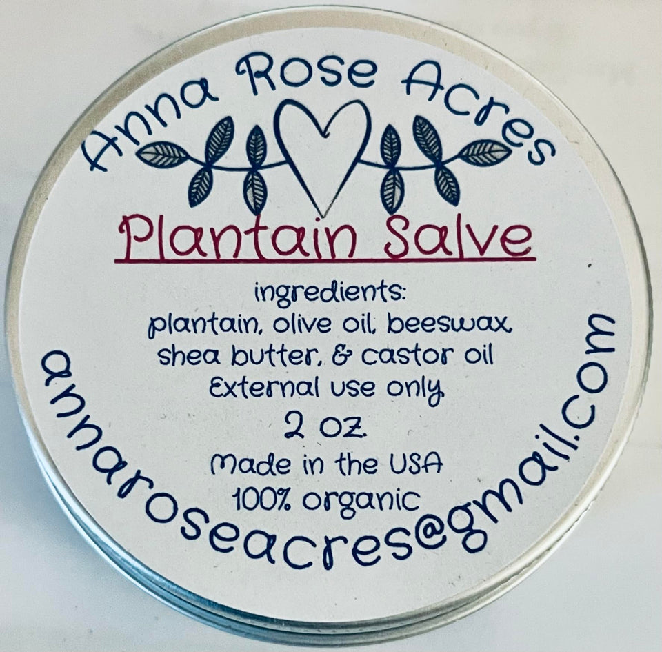Generic plantain salve front tin showing label and compact 2 oz size benefit