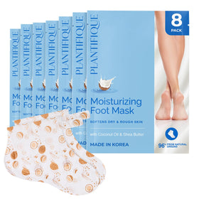 PLANTIFIQUE box front showing eight hydrating foot mask pairs and benefits