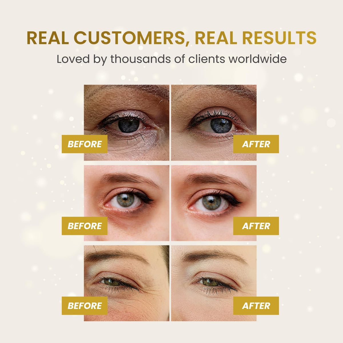 PLANTIFIQUE patch applied under eye demonstrating de-puffing benefit