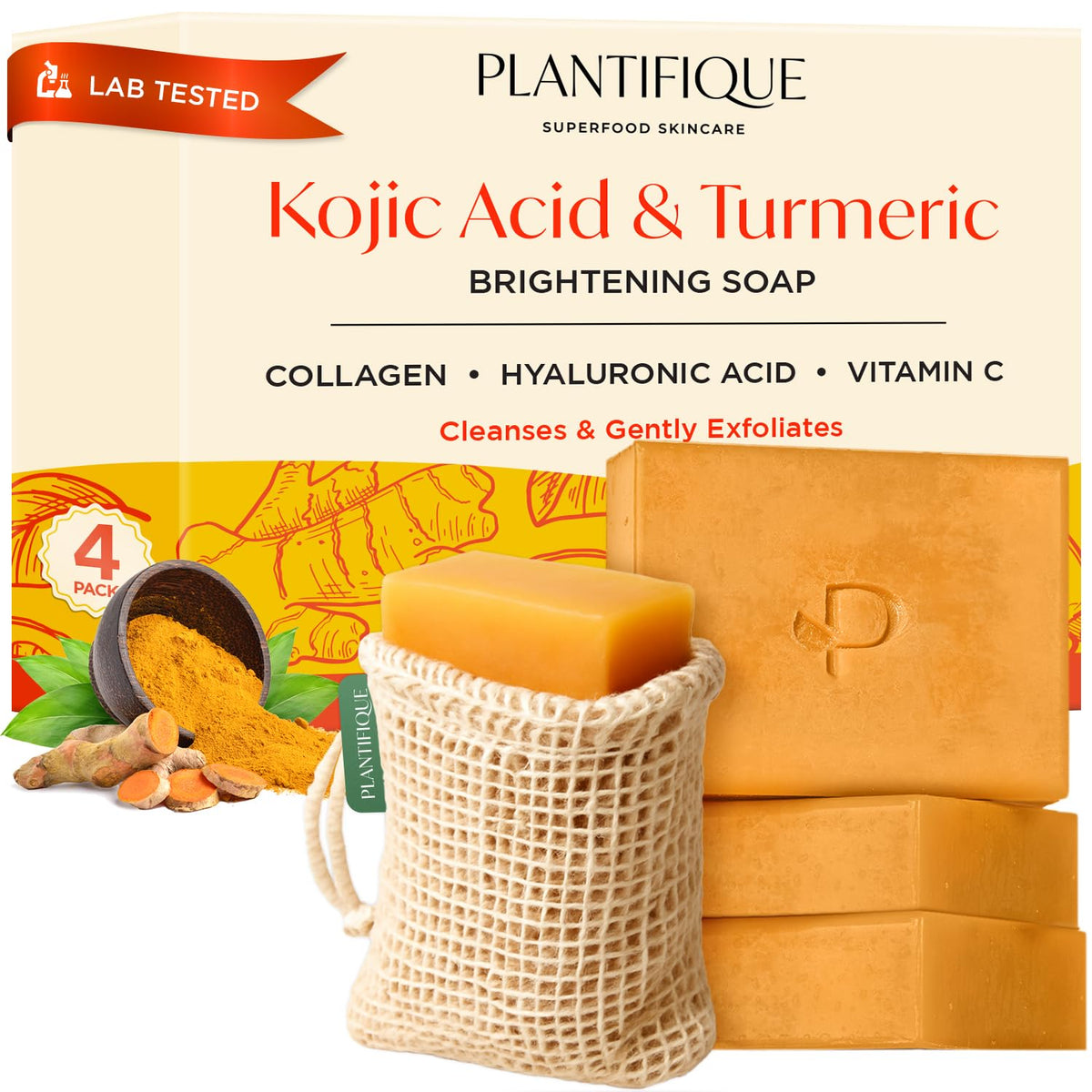 PLANTIFIQUE front packaging showing four brightening soap bars, clear product benefits