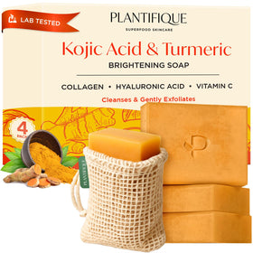 PLANTIFIQUE front packaging showing four brightening soap bars, clear product benefits
