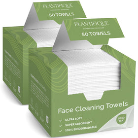 PLANTIFIQUE front packaging showing 100-count biodegradable viscose towels, convenient for travel