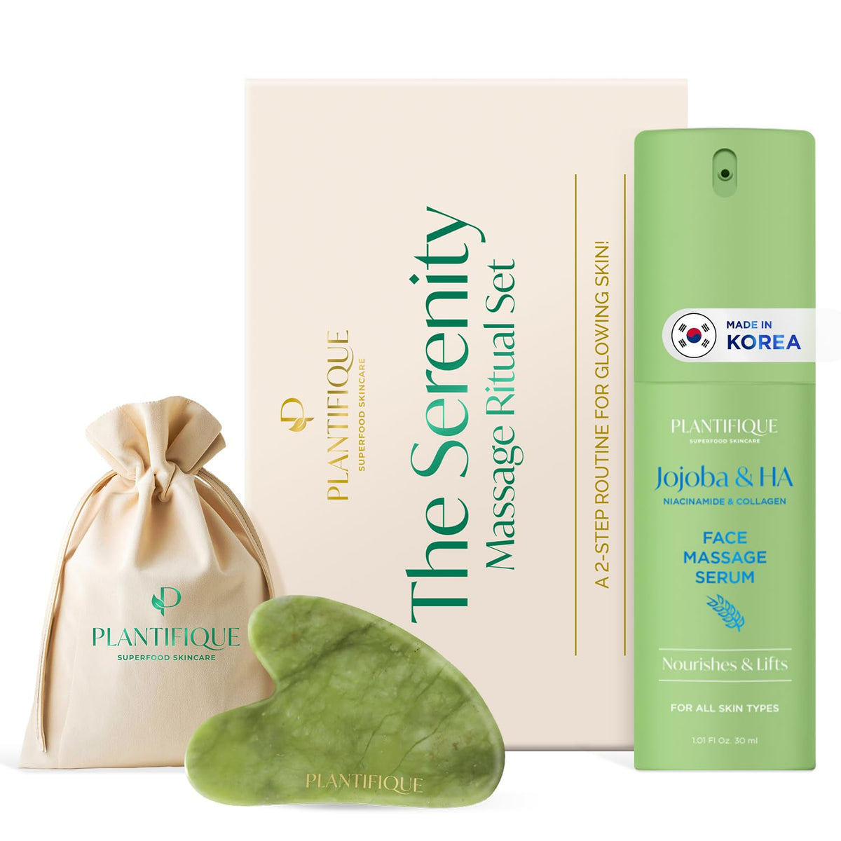 PLANTIFIQUE jade gua sha front view showing ergonomic shape and ease of use