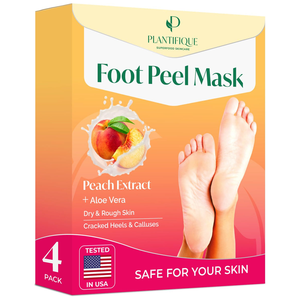 PLANTIFIQUE front packaging showing peach foot peel mask benefits