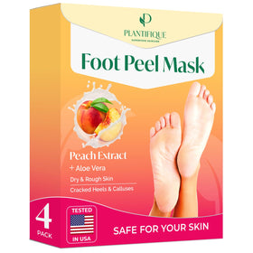 PLANTIFIQUE front packaging showing peach foot peel mask benefits