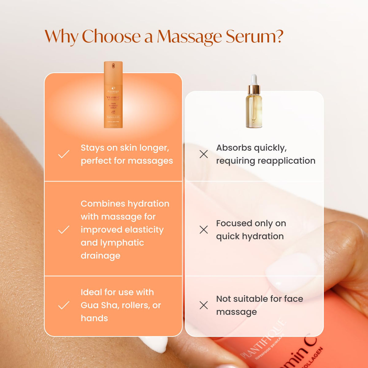 PLANTIFIQUE bottle next to hand to show size and practical at-home massage portioning