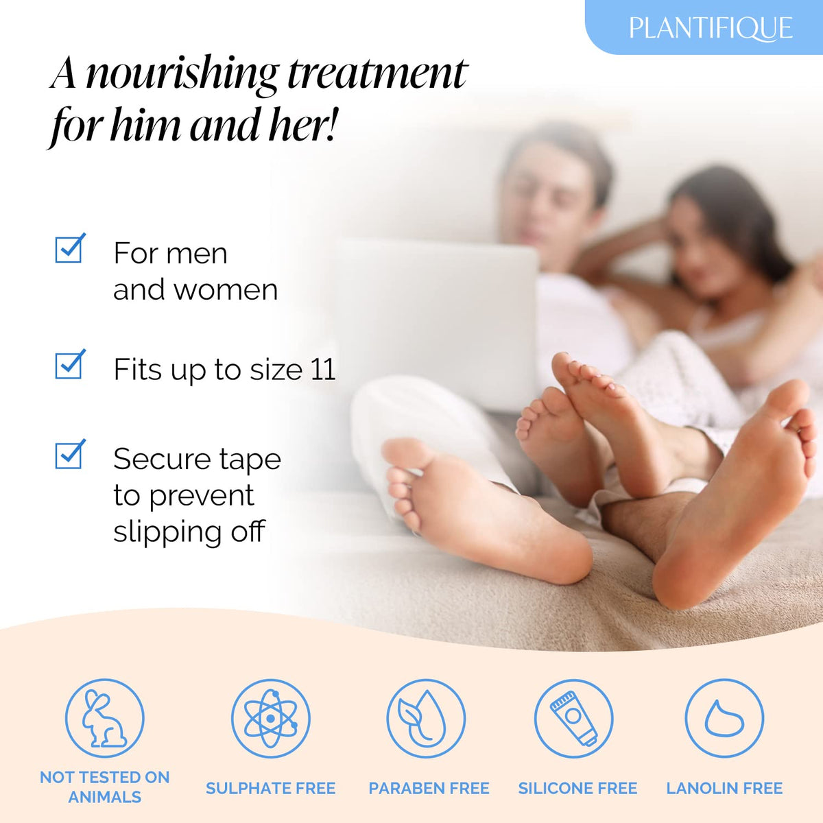 PLANTIFIQUE person wearing hydrating socks relaxing, demonstrating easy at-home spa benefit