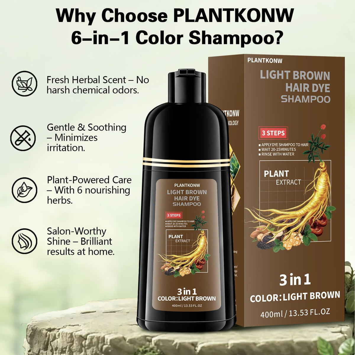 Plantkonw bottle next to a hand showing compact size and travel-friendly benefit