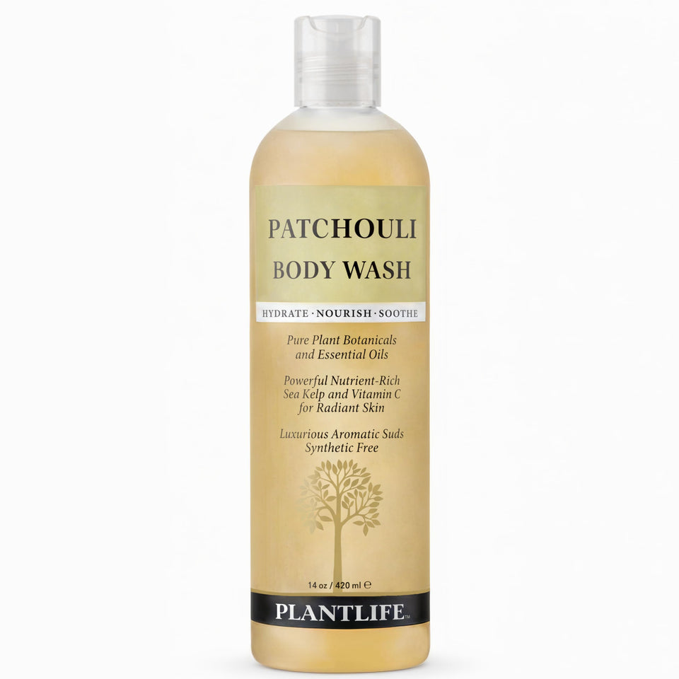 Plantlife patchouli front bottle showing branding and natural scent benefits