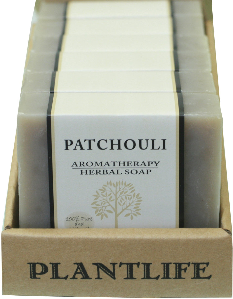Plantlife patchouli front packaging showing six bars and product benefit moisturizing