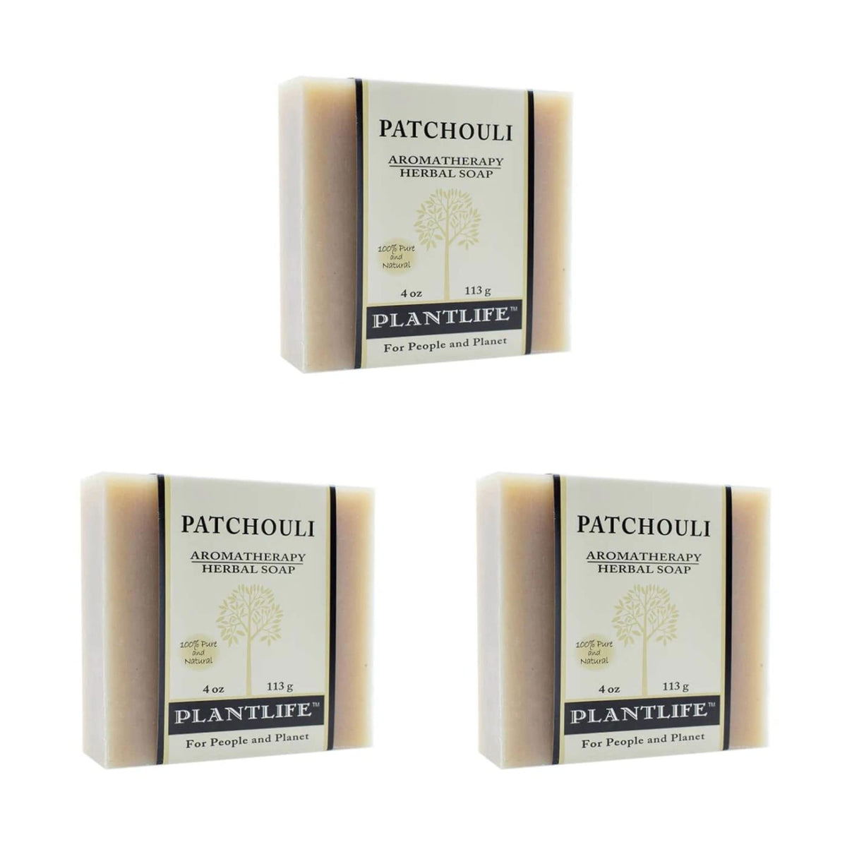 Plantlife patchouli front packaging showing three bars and natural branding benefits