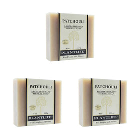 Plantlife patchouli front packaging showing three bars and natural branding benefits