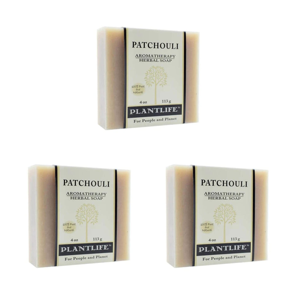 Plantlife patchouli front packaging showing three bars and natural branding benefits