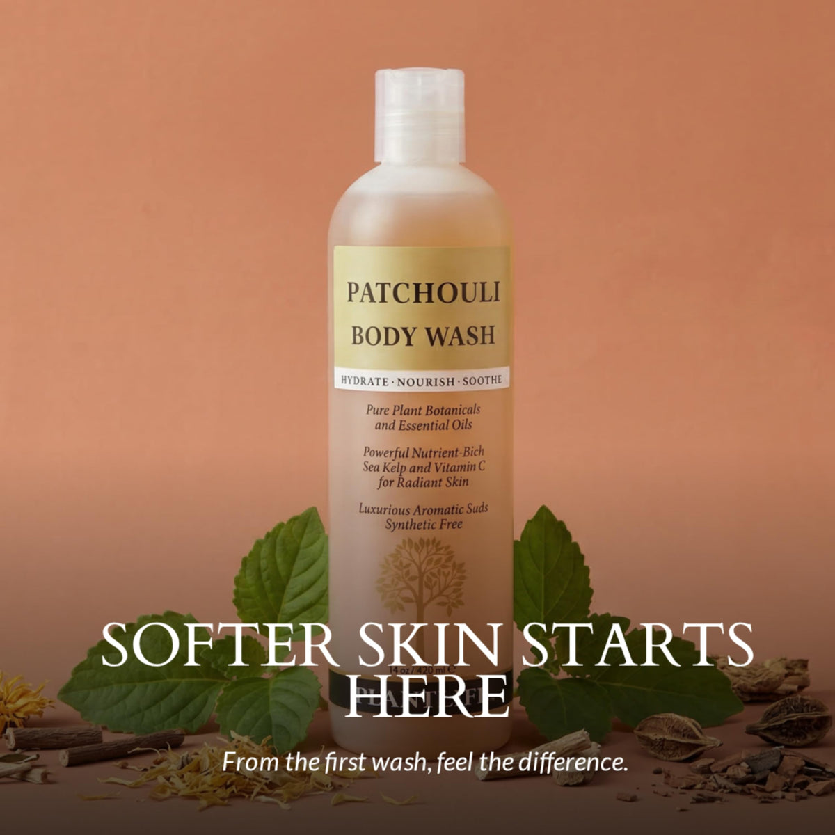 Plantlife patchouli in shower use showing gentle cleansing and soothing feel