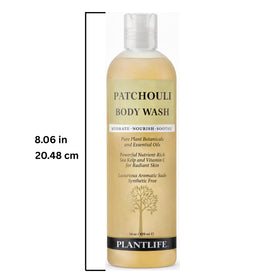 Plantlife patchouli size comparison 14oz beside common bottle for scale and value