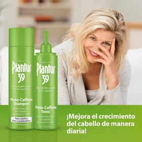Plantur 39 bottle held in hands showing size for travel and consistent use benefit