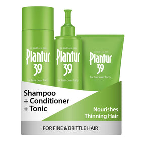 Plantur 39 front packaging showing shampoo conditioner tonic, communicates complete routine