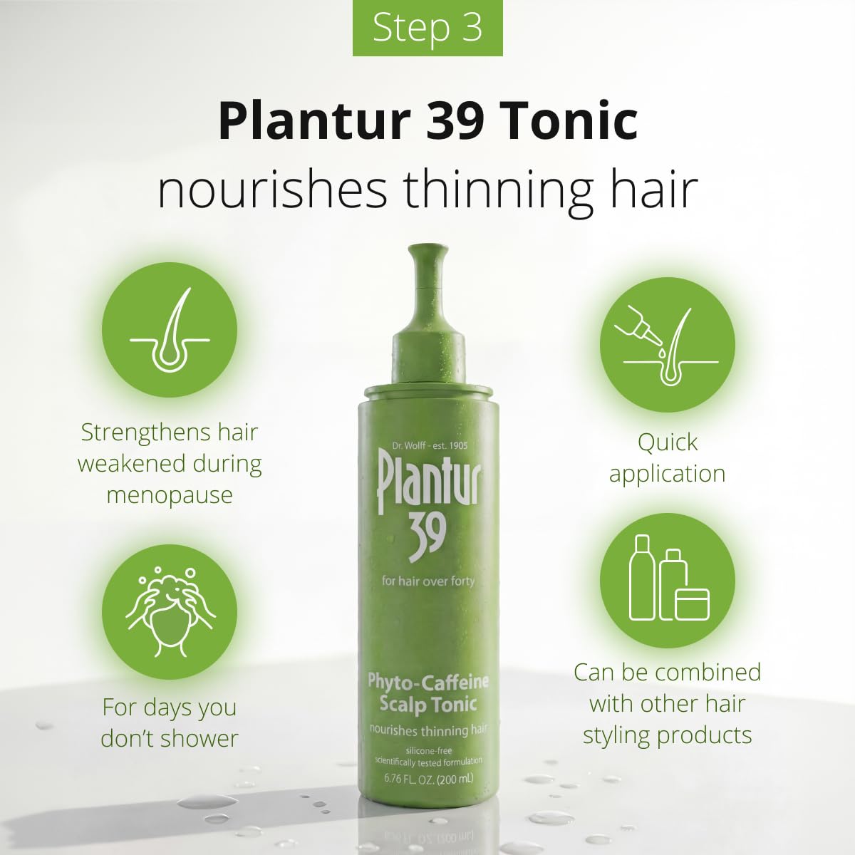 Plantur 39 tonic sprayed on scalp, illustrates targeted root nourishment and ease