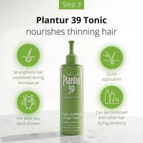 Plantur 39 tonic sprayed on scalp, illustrates targeted root nourishment and ease