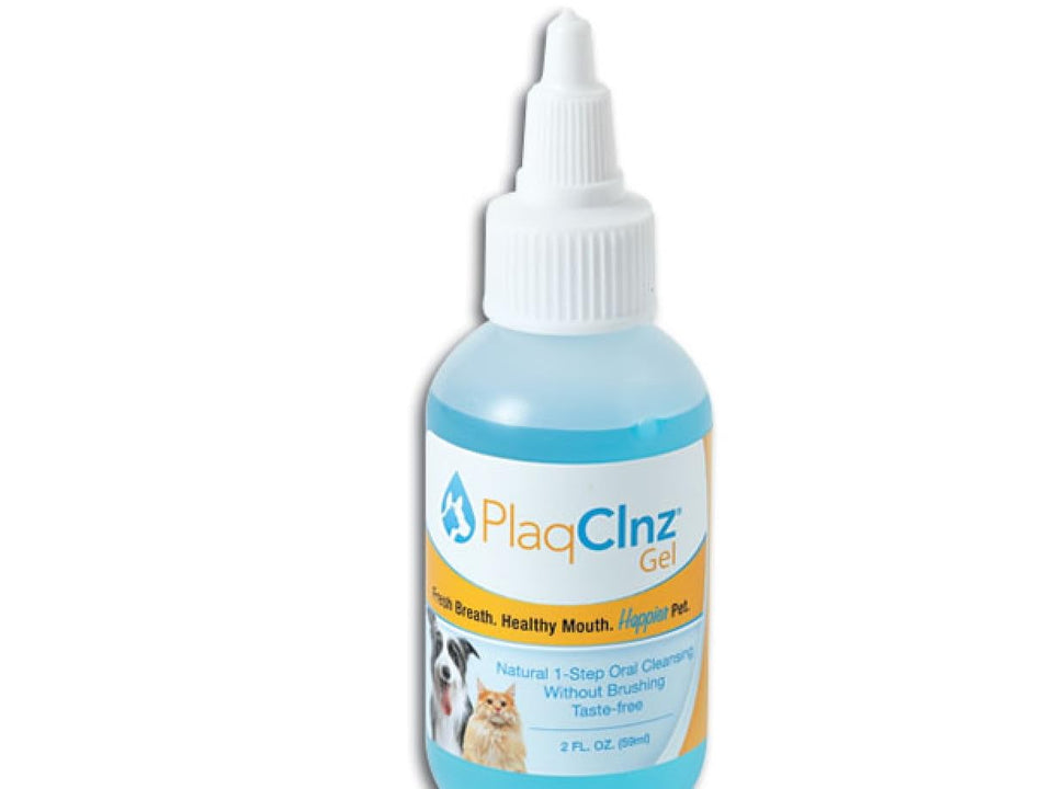PlaqClnz front packaging showing 2-ounce gel and easy-apply benefits
