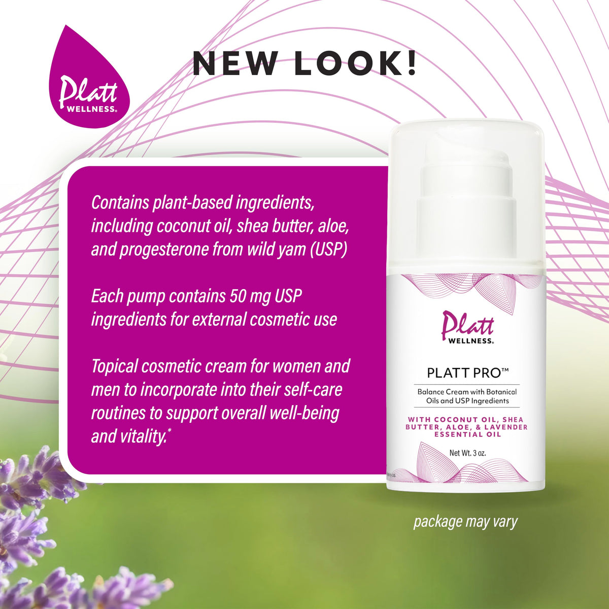 Platt Wellness ingredients label emphasizing USP progesterone and botanicals