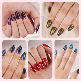 Plauva nails on model showing glossy cat eye look for special occasions