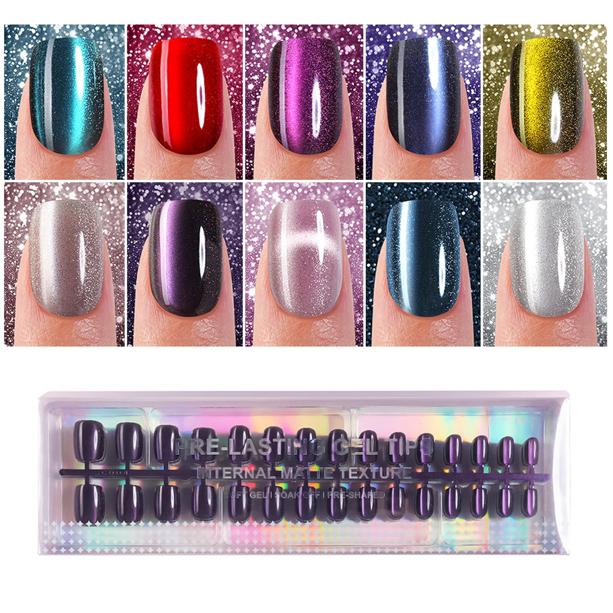Plauva front packaging showing glossy cat eye press-on nails and included pieces, convenience benefit