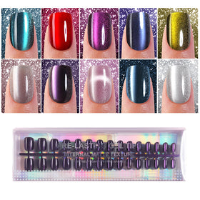 Plauva front packaging showing glossy cat eye press-on nails and included pieces, convenience benefit