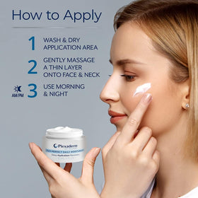 Plexaderm on bathroom vanity with skincare items, illustrating daily routine convenience